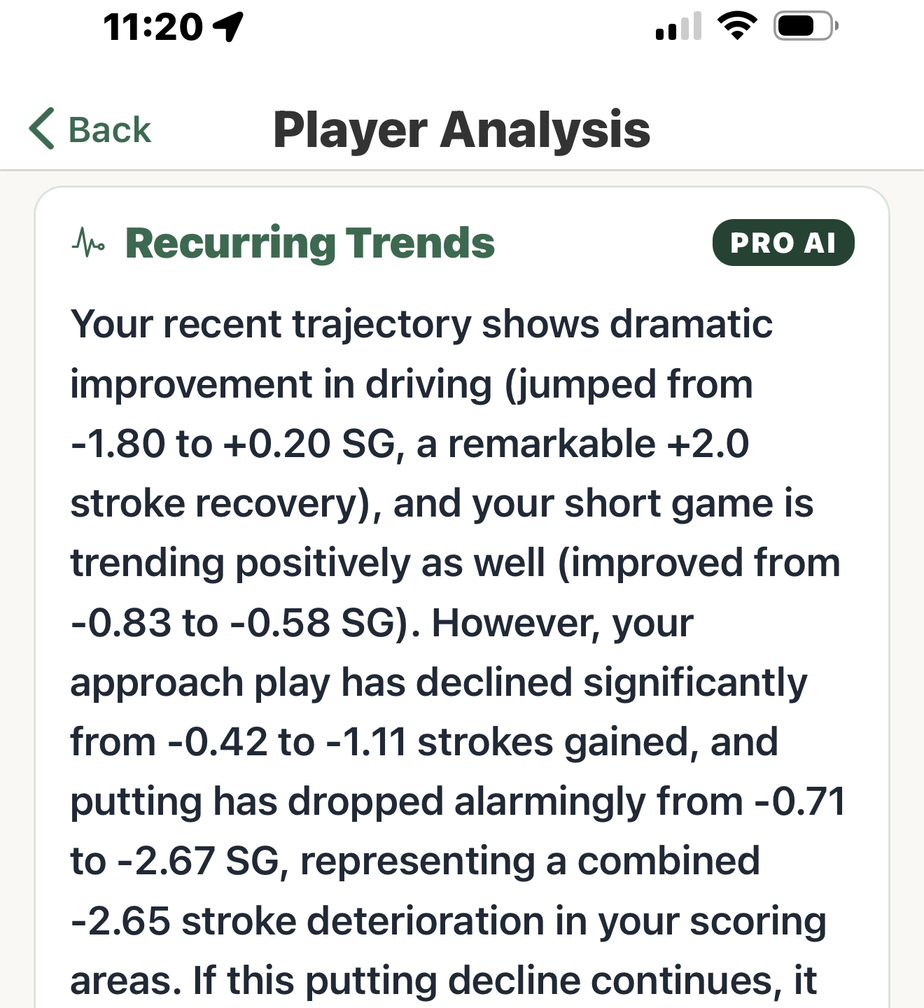 Recurring Trends — Pro AI prose paragraph describing the player's recent trajectory across driving, short game, approach, and putting