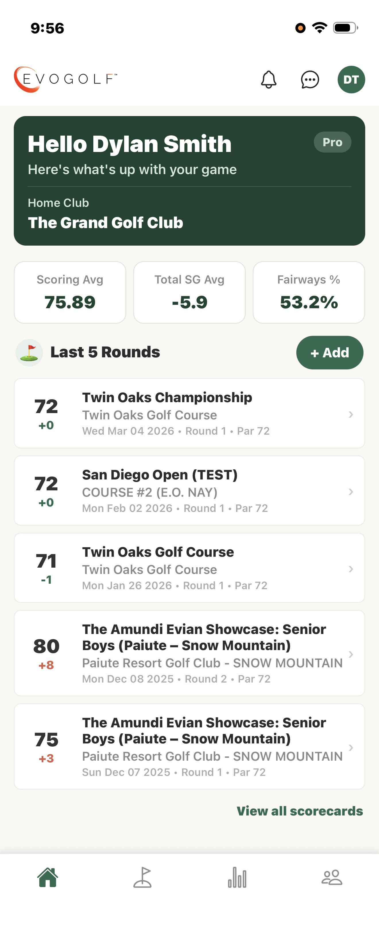 EvoGolf player dashboard
