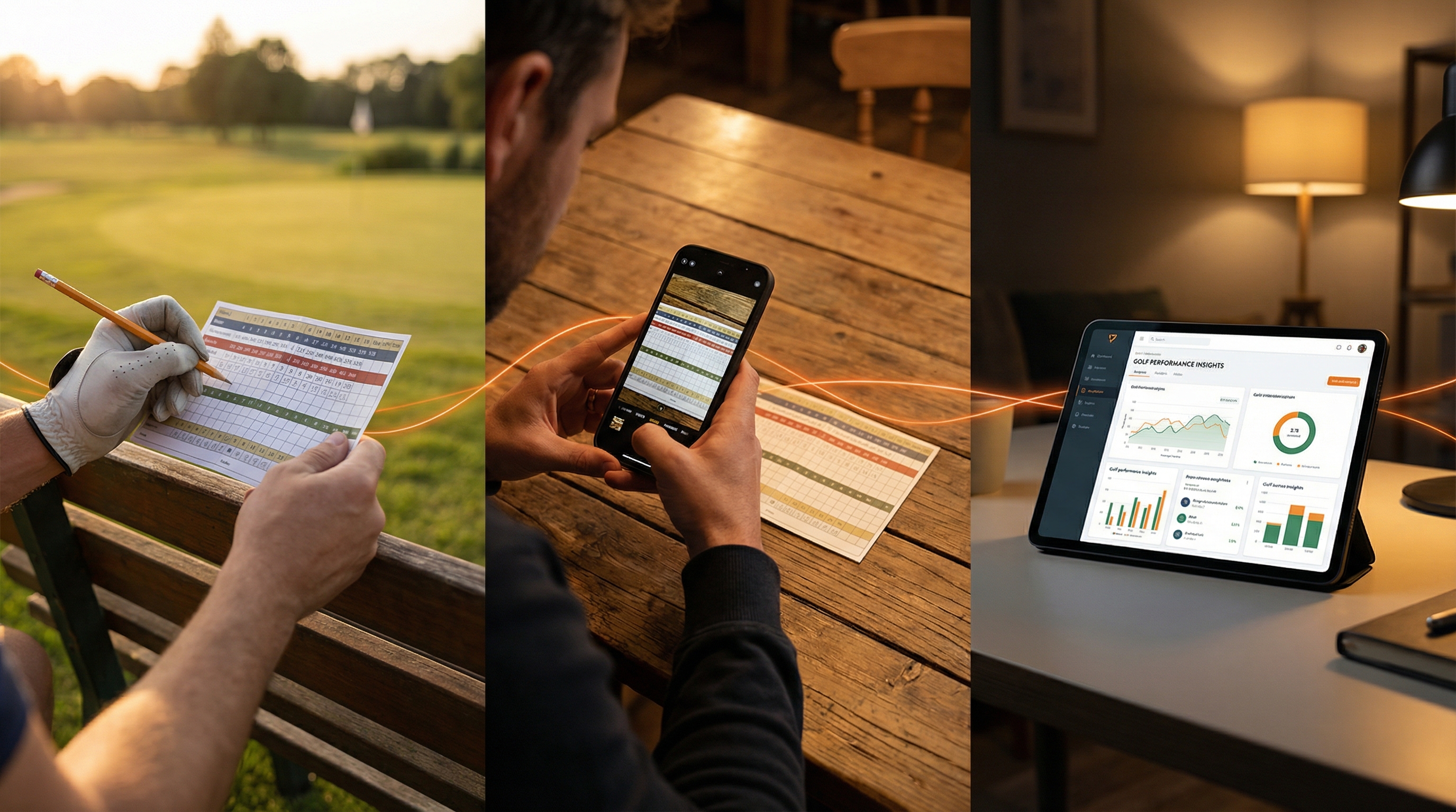 EvoGolf workflow: scorecard on course, photo capture, analytics dashboard