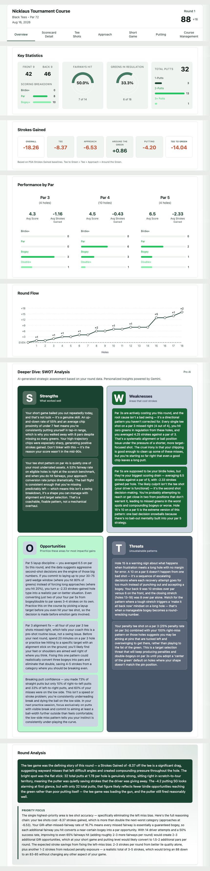 Overview tab: key statistics, strokes gained, performance by par, round flow, SWOT analysis