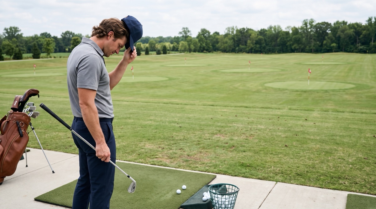 A frustrated golfer at an upscale driving range lifting his cap after a poor iron shot, target greens scattered down the range — putting in the work but unsure what to work on