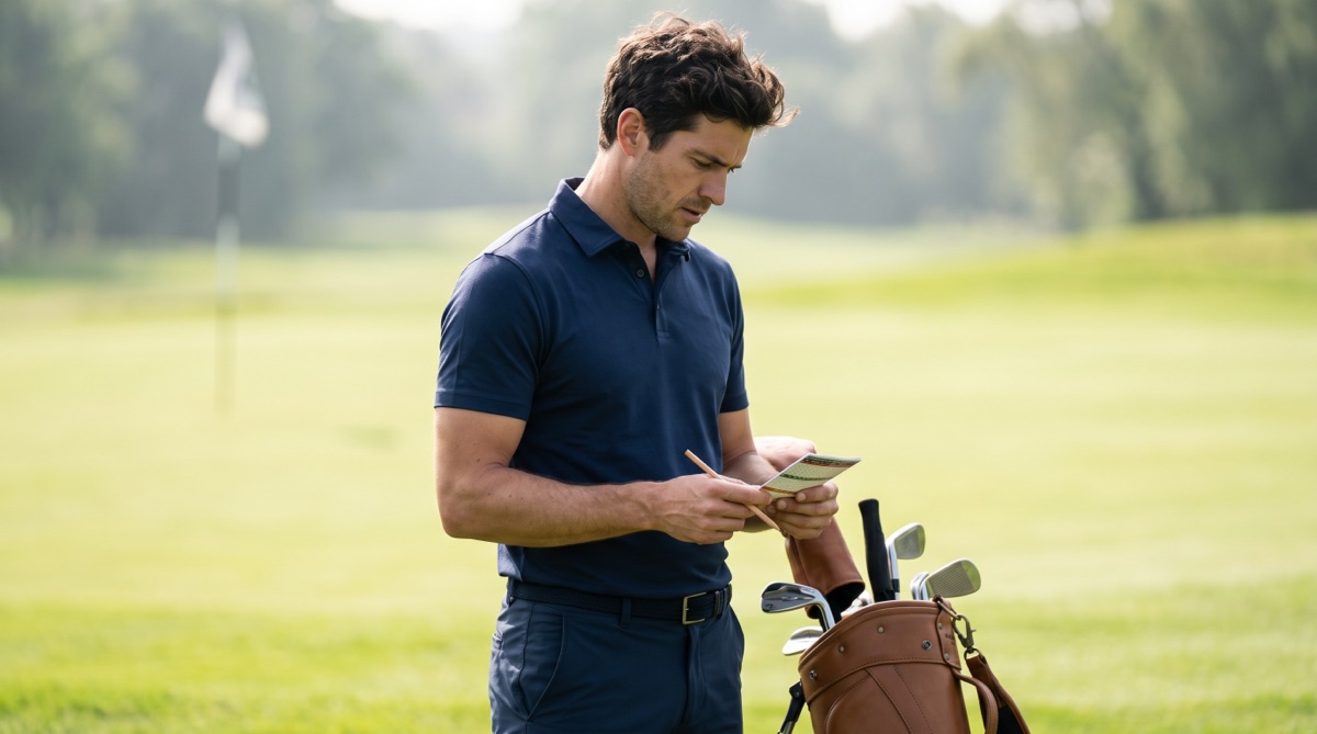 A golfer studying a scorecard and their stats on the course, working out where they're actually losing strokes