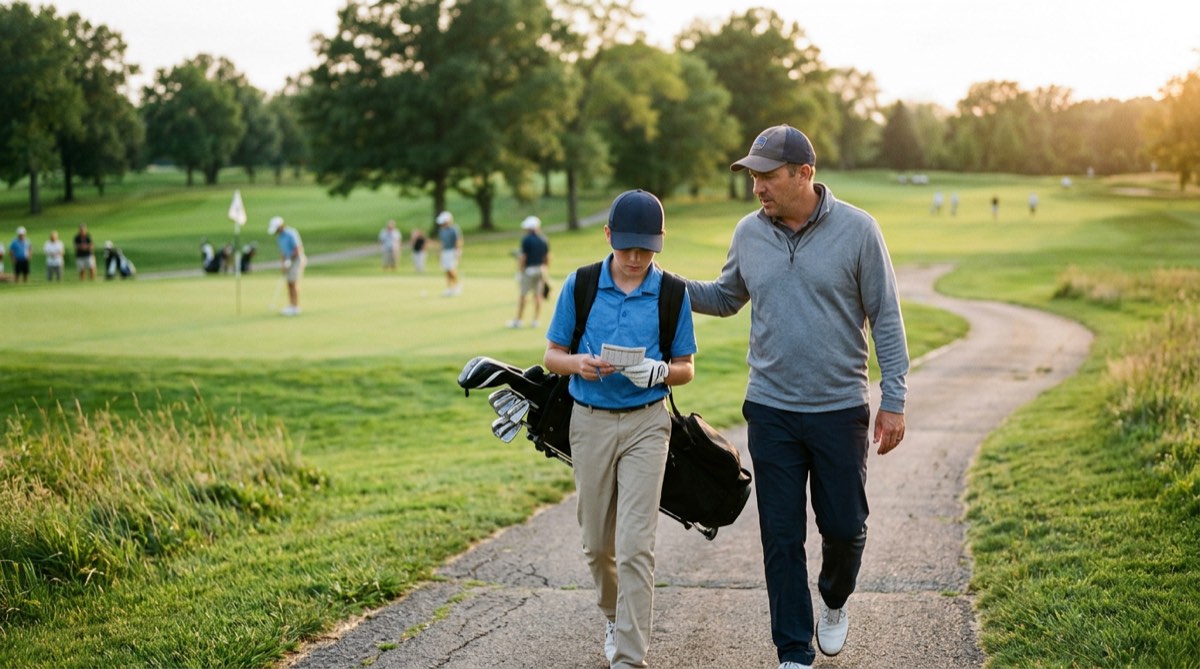 A junior golfer walking back from a round with his father, reviewing the scorecard together, late afternoon light, golf course in soft focus background