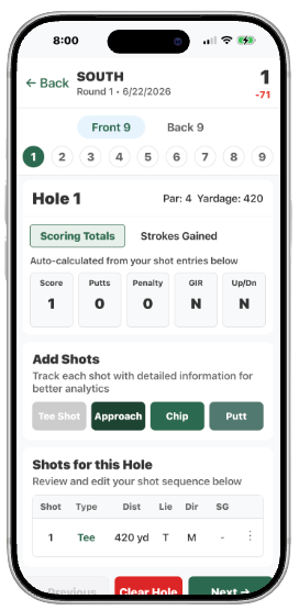 EvoGolf mobile app — Hole 1 score entry
