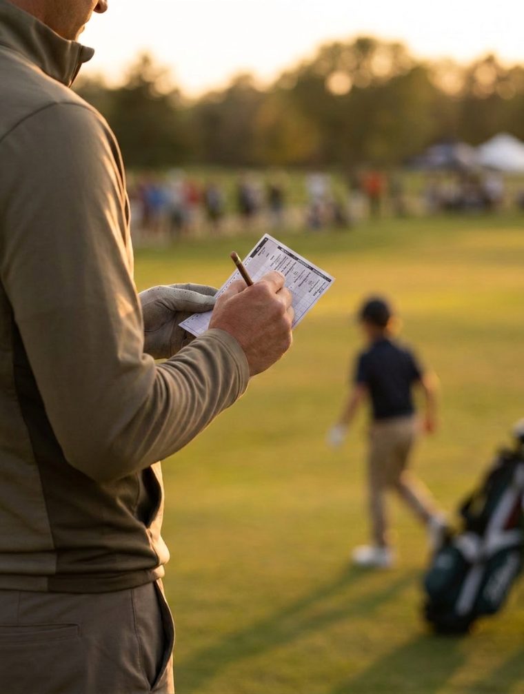 Parent filling out an EvoGolf scorecard while their junior golfer walks the fairway