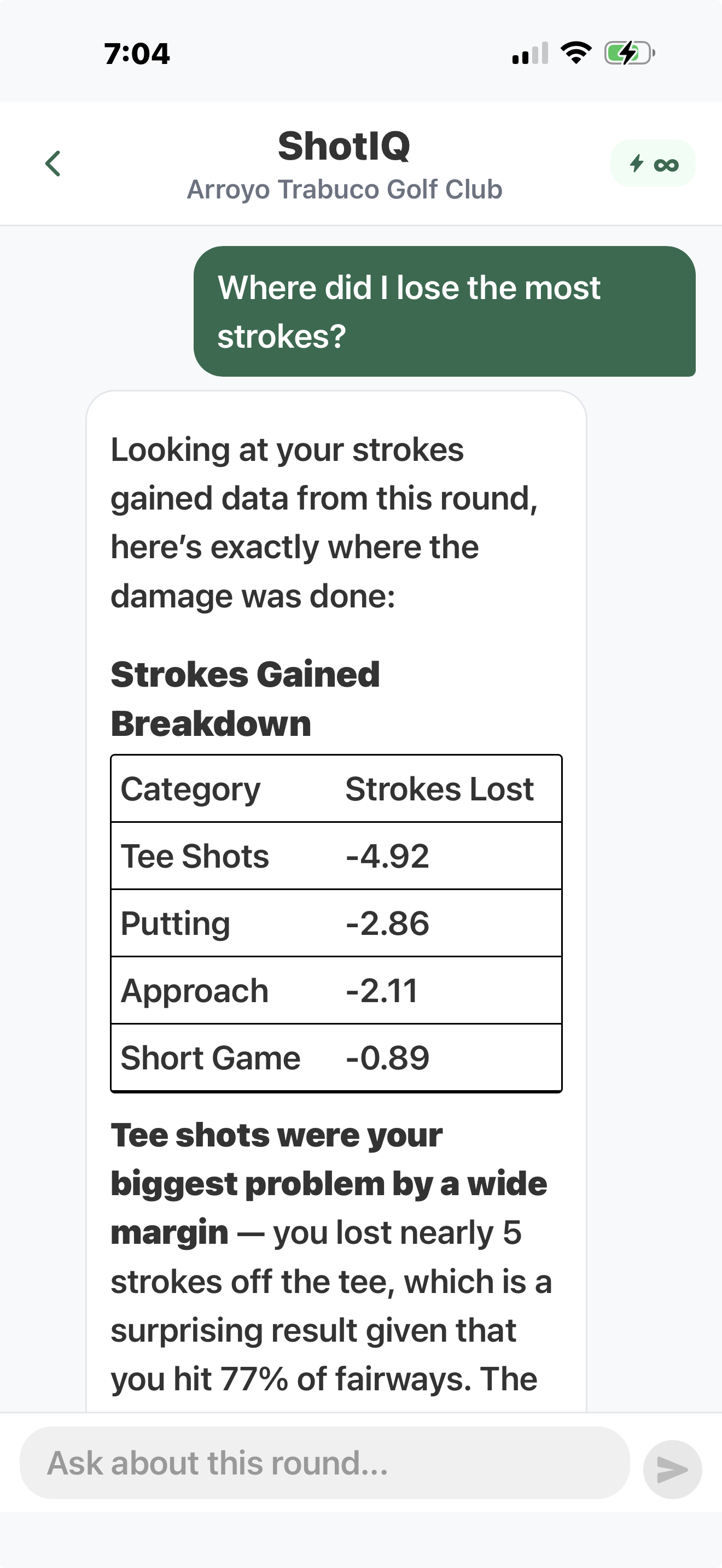 ShotIQ — strokes-gained breakdown for the round